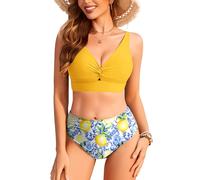 Ekouaer Bikini Mujer Braga Alta Traje De Baño 2 Piezas Reductor Barriga Bañadores Push Up Bikinis Conjunto Bañador, Amarillo limón L