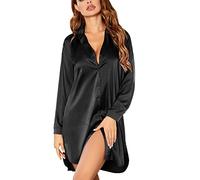 Ekouaer Camisa de Noche de Seda para Mujer, Mangas de Verano Cortas a 3/4, Con Cuello en V, 1 negro., M