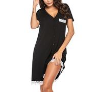 Ekouaer Camisón de Maternidad Camisones Embarazadas Lactancia Manga Corta Camison Encaje Cuello en V Camisón Ropa para Dormir, Negro, L
