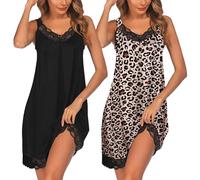 Ekouaer Camisón de Mujer Camisola Interior Combination Dormir con Cuello en V Pijama 2pcs Nero+Leopardo L
