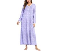 Ekouaer Camisón De Mujer De Manga Larga Camisón De Dormir para Mujer Camisón De Invierno para Dormir Vestido De Casa Ropa De Dormir Holgada,Flores de Color Azul Violeta Claro,M