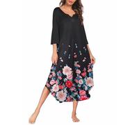 Ekouaer Camisón largo para mujer, tallas grandes, manga 3/4, vestido de noche grande, cuello en V, ropa de dormir suave y suelta, S-3XL, 1-negro Dh42, M