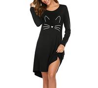 Ekouaer Camisón Mujer Dormir Camisones de Manga Larga Cuello Redondo de Mujer Ropa de Estar Suave y Linda Impreso Camison Sexy Gato Negro S