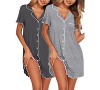 Ekouaer Camisón Mujer Manga Corta con Botones 2 Piezas Verano Cuello V Tipo Cárdigan Vestido Pijamas Camison Lactancia Gris Oscuro/Gris Claro XL