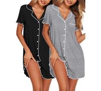 Ekouaer Camisón Mujer Manga Corta con Botones 2 Piezas Verano Cuello V Tipo Cárdigan Vestido Pijamas Camison Lactancia Negro/Gris Claro M