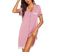 Ekouaer Camisones de Mujer Verano Manga Corta Ropa de Dormir Botones Camisón de Señora Raya Encaje, Rosa, XXL