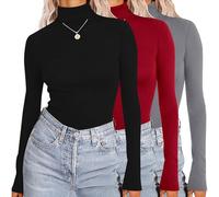 Ekouaer Mujer Camiseta Térmica Cuello Alto Camisetas Manga Larga Ropa Interior Invierno Basica Top 3pcs, Negro/Gris/Rojo, S