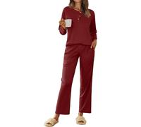 Ekouaer Pijama Mujer Ligero Conjunto de Pijama de Gofre Ligero con Cuello con 1/4 Botones Largo Pantalones 2 Piezas Invierno Manga Larga Vino Rojo S