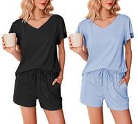 Ekouaer Pijama Mujer Verano Pijama Corto Mujer Paquete de 2 Mangas con Volantes Escote en Pico Suave Camiseta y Pantalón Corto, Negro + Azul Claro, M