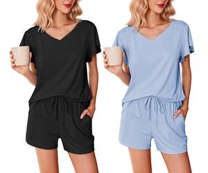 Ekouaer Pijama Verano Mujer Pijama Corto Mujer Paquete de 2 Mangas con Volantes Escote en Pico Suave Camiseta y Pantalón Corto, Negro + Azul Claro, XL