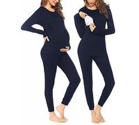 Ekouaer Premamá Pijama Conjunto Ropa de Dormir Invierno Pijama para Embarazadas y Lactancia Cálidos Cuadros de Rayas, Azul Marino, S