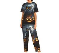 EKPASVC Conjunto de pijama para mujer con estampado de mariposas de color dibujado a mano, conjunto de pijama suave para mujer, perfecto para ropa de descanso y ropa de dormir, Calabaza fantasma búho