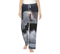 EKPASVC Pantalones de pijama de franela con estampado de faro en tormenta, pijama de forro polar suave con cintura elástica y bolsillos laterales, Negro, S