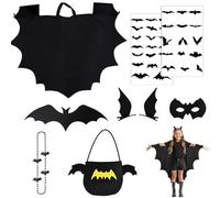 Ekukeon 9 Pcs Disfraces Murciélago De Niños,Disfraz de Murciélago Halloween,con Capa, Máscara, Clips, Tatuajes, Decoración 3D, Collar y Bolsa de Murciélago Carnaval Halloween Cosplay