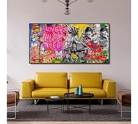 El amor es todo lo que necesitamos -Pinturas en lienzo Arte de pared grande Impresiones enmarcadas en negro Imágenes de arte de graffiti callejero para sala de estar 60x120cm/24x47in con marco negro