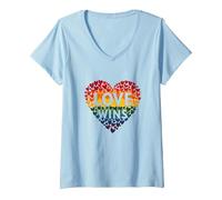El Amor GANA la celebración LGBTQ del Orgullo del corazón del Arco Iris Camiseta Cuello V, Mujer, Azul Bebé, L
