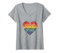 El Amor GANA la celebración LGBTQ del Orgullo del corazón del Arco Iris Camiseta Cuello V, Mujer, Gris Jaspeado, XXL