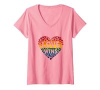 El Amor GANA la celebración LGBTQ del Orgullo del corazón del Arco Iris Camiseta Cuello V, Mujer, Rosado, L