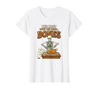 El anfitrión con la mayoría. Huesos Humorístico Fantasmal Humor de Halloween Camiseta gráfica económica, Mujer, Blanco, S