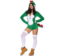 El c modo Super Dino presenta un mono con cremallera de terciopelo ultra suave con tirador de cremallera en forma de huevo, columna festoneada y