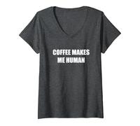 El café me Hace Humano Camiseta Cuello V, Mujer, Jaspeado Oscuro, XL