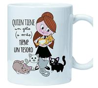 El Cajon Friki Tazas Originales de café y desayuno para Regalar a Amantes de los gatos - quien tiene un gato o más tiene un tesoro - Cerámica 350 ml