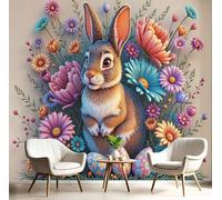 El Conejo Se Sentó En Los Arbustos De Flores Murales de Pared, Ilustraciones De Vacaciones Papel Pintado Púrpura de Tela, Gran Mural Fotográfico para Salón, Dormitorio, Cocina