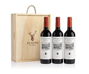 El Coto - Estuche de madera Regalo 3 botellas Coto Imaz Reserva, Vino tinto D.O. Ca. Rioja, Variedad Tempranillo, Potente y Equilibrado, Estuche 3 botellas, 750 ml