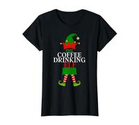 El Elfo Que Bebe el café - Grupo Familiar a Juego de Navidad Camiseta gráfica económica, Mujer, Negro, L