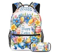 El estilo se une a la función, mochila con estuche, el juego ideal de 2 mochilas escolares para niños, niñas y adolescentes, corona azul de feliz Pascua, multicolor, B:29.4x20x40cm P:19x7.5x3.8cm,