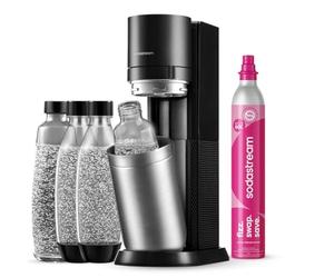 El gasificador de agua Duo incluye un cilindro de gas para preparar hasta 60L de agua con gas,2 botellas de plástico de 1L y 2 botellas de cristal de 1L;reduce residuos de plástico;color negro
