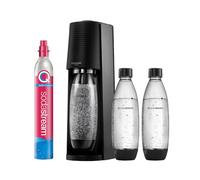 El gasificador de agua SodaStream Terra negro incluye un cilindro de CO₂ para preparar hasta 60 litros de agua con gas, además de tres botellas de 1 litro aptas para el lavavajillas