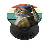 El Gato con un Pendiente de Perla, Divertido Arte de Gato con Parodia de Vermeer PopSockets PopGrip Adhesivo
