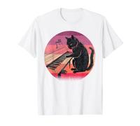 El Gato Negro Toca el Piano y ama la música Camiseta gráfica económica, Hombre, Blanco, S