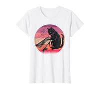 El Gato Negro Toca el Piano y ama la música Camiseta gráfica económica, Mujer, Blanco, S