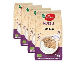 El Granero Integral - Tropi Muesli Extra - 1 kg - Elaborado con Cereales y Frutas Deshidratadas - Gran Fuente de Energía - Ideal para el Desayuno - Apto para Veganos (Paquete de 4)