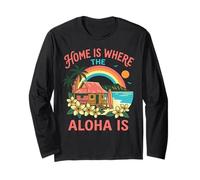 El hogar es Donde el Aloha es Hawaiian Beach Surf Paradise Art Manga Larga