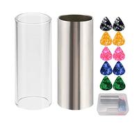 El juego de 2 diapositivas de guitarra incluye 1 acero inoxidable, 1 pieza de cristal, 10 púas de guitarra, caja multicolor