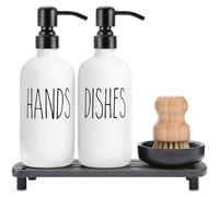 El juego de dispensador de jabn blanco MOMEEMO viene con bombas de acero inoxidable, bandeja negra de secado instantneo y cepillo para fregar p