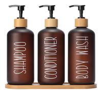 El juego de dispensadores de ducha MOMEEMO color mbar contiene 3 botellas de pl stico PET extragruesas con dosificador de bamb . Dispensador de