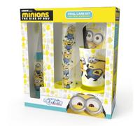 El kit de cuidado bucal para niños de Minions LED contiene cepillo de dientes eléctrico alimentado por pilas con cerdas suaves, pasta de dientes de menta, vaso multiusos y base con torre de
