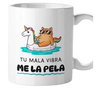 El Kraken Taza gato, tazas de gatos originales, con frases divertidas, graciosa, amigo invisible, Regalo, Cerámica 330 mL (Tu mala vibra me la pela)