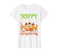 El Lindo Gato de Acción de Gracias de Happy Catsgiving Lleva un Sombrero de peregrino Camiseta gráfica económica, Mujer, Blanco, M