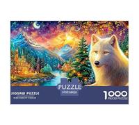 El Lobo Blanco se Encuentra Cerca de Glowing Mountain Village Puzzle De 1000 Piezas Lobo Fresco Elemento Esencial para Las Noches De Juegos En Familia, Adultos Y Niños 38x26cm/1000pcs