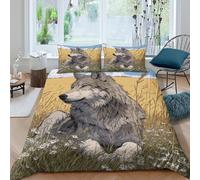 El Lobo Gris Sentado en la Hierba del Campo Juego De Cama, 3D Impresión, Funda De Edredón, Y Fundas De Almohada 3 Unidades Microfibra para Niños Y Adultos King（220x240cm）