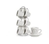 El Mercader del Mar Juego de 6 Tazas de Café con Platos y Soporte Metálico - Set de Cerámica para Espresso y Cappuccino - Ideal para Cocinas Pequeñas