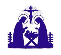 El niño Jesús en un pesebre con María y José Calcomanías de vinilo para murales y paredes 54.6x57.3cm Vinilos para ventanas Azul oscuro