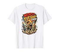 ¡El Peor Martes de Todos los Tiempos! Dinosaurios huyendo de un asteroide Divertido Camiseta gráfica económica, Hombre, Blanco, M