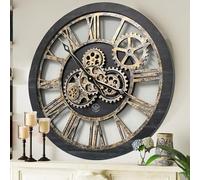 El Reloj de Engranajes - Reloj de Pared de Engranaje Real de 60,9 cm (24 Pulgadas) con Reloj de Pared Industrial de Gran tamaño rústico (Madera Negra Vintage y Bronce)