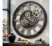 El Reloj de Engranajes - Reloj de Pared de Engranaje Real de 60,9 cm (24 Pulgadas) con Reloj de Pared Industrial de Gran tamaño rústico (Madera Negra Vintage y Bronce)